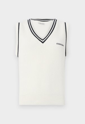 Balta be rankovių megztinis su V formos iškirpte, turintis juodus dryžius ir „GUESS JEANS“ logotipą siuvinėtu ant krūtinės. Susiraukšlėjus tekstūra.
