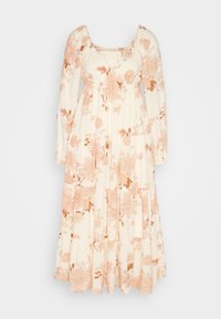 Długa, max sukienka z długim rękawem w odcieniu kremowym z kwiatowym wzorem w odcieniach brzoskwini. Posiada marszczony gorset i warstwową spódnicę, co nadaje jej zwiewny kształt.