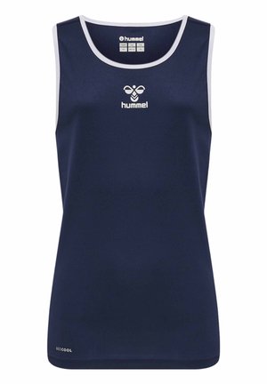 Granatowy bezrękawnik sportowy wykonany z materiału odprowadzającego wilgoć, z białymi akcentami na dekolcie i otworach na ramiona, z logo.