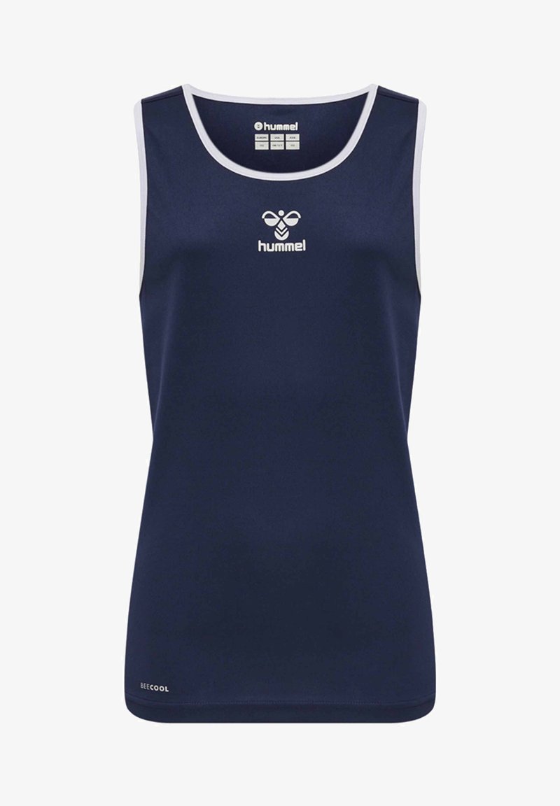 Granatowy bezrękawnik sportowy wykonany z materiału odprowadzającego wilgoć, z białymi akcentami na dekolcie i otworach na ramiona, z logo.