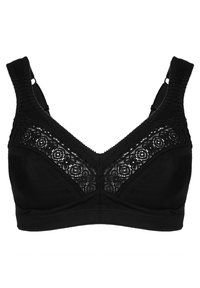Svart bh i slätt tyg med delikat spetspanel framtill. Har breda axelband och en enkel, sömlös design.