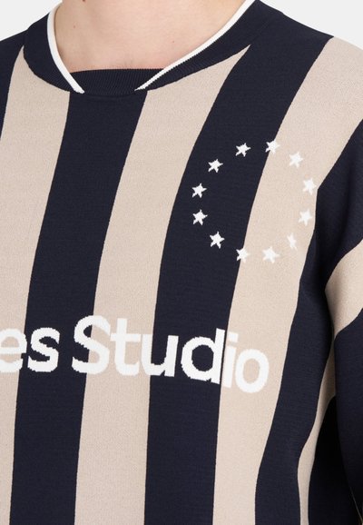 Gros plan sur un pull rayé bleu marine et beige avec un texte blanc et un motif circulaire d'étoiles sur la poitrine.