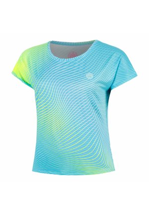 Blau-gelbes kurzärmeliges Sportshirt mit wellenförmigem Streifenmuster und kleinem rundem Logo auf der Brust.