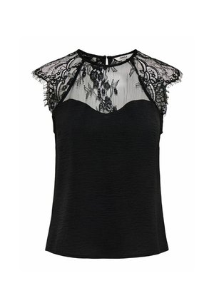 Čierny tielkový top s priehľadným čipkovaným vysokým golierom a kvetinovými čipkovými krátkymi rukávmi, textúrovaná látka, zapínanie na gombík so štrbinou vzadu.