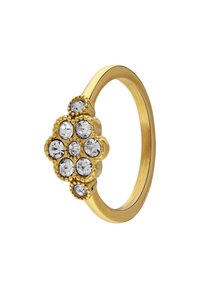 Gouden ring met een bloemenontwerp, verfraaid met meerdere heldere rhinestones in een gestructureerde cluster, een gladde band en een gepolijste afwerking.