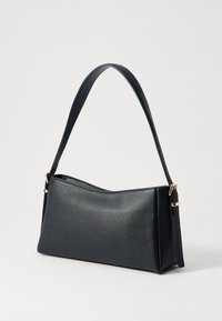 Black leather handbag with a textured surface, rectangular shape, and a single shoulder strap. Features gold-tone hardware accents.