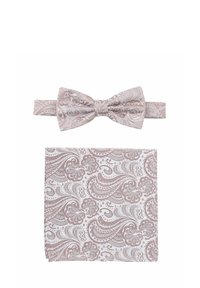 Fliege und Einstecktuch-Set in hellrosa mit Paisleymuster und metallischen Akzenten. Die Fliege hat einen verstellbaren Riemen; das Einstecktuch ist ordentlich gefaltet.