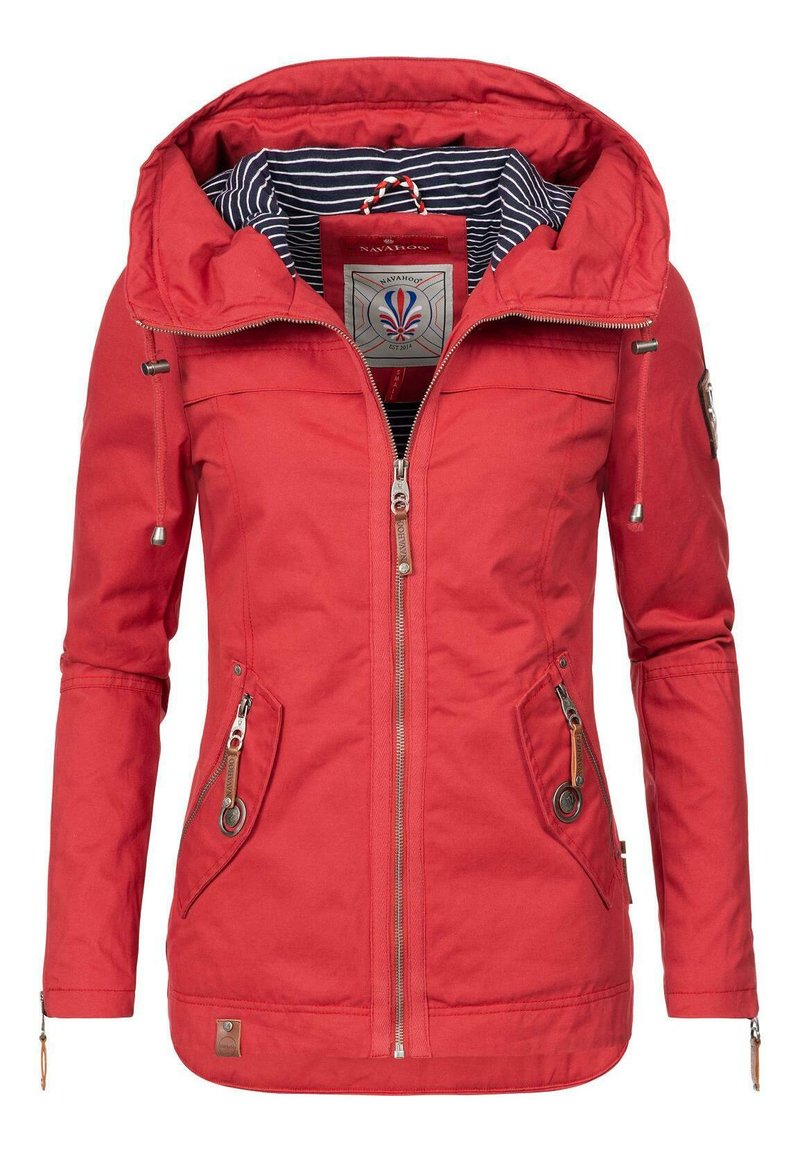 Red outdoor jacket with a hood, featuring zippered pockets, a smooth texture, and a lined blue and white striped interior.