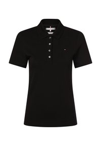Polo noir en coton, doté d'un col classique, d'une patte à trois boutons et d'un petit logo sur la poitrine gauche.
