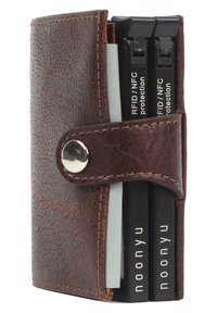 Brown leather wallet with textured finish, closed with a silver snap. Contains two black cards labeled "RFID/NFC protection" and a light card.