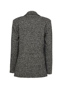 Blazer nero e bianco con texture, caratterizzato da collarino a punta, maniche lunghe e taglio dritto, con un sottile motivo a zigzag.