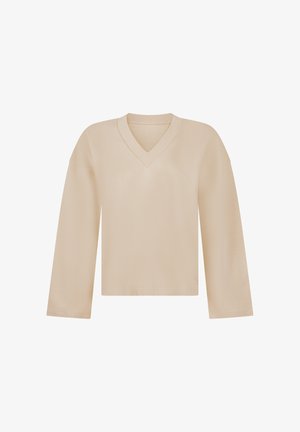 Beige long-sleeve V-neck sweater with a relaxed fit and ribbed neckline, displayed on a white background.