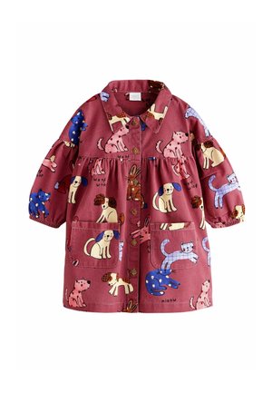 Red cotton dress featuring a playful animal print with cats and dogs. It has a collared neckline, buttons, and two front pockets.