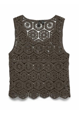 Haut sans manches en crochet marron foncé avec motifs floraux circulaires et ourlet festonné, posé à plat sur fond blanc.
