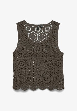 Haut sans manches en crochet marron foncé avec motifs floraux circulaires et ourlet festonné, posé à plat sur fond blanc.