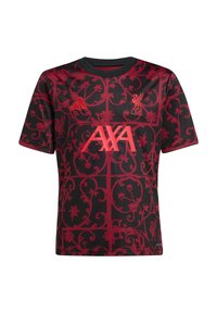 Jersey de manga corta rojo y negro con un patrón floral, que presenta un cuello redondo, el logo del Liverpool FC y la marca AXA en rojo intenso.
