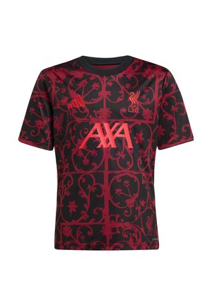 Rot und schwarz kurzärmliges Trikot mit floralem Muster, ausgestattet mit Rundhalsausschnitt, Liverpool FC Logo und AXA Branding in kräftigem Rot.
