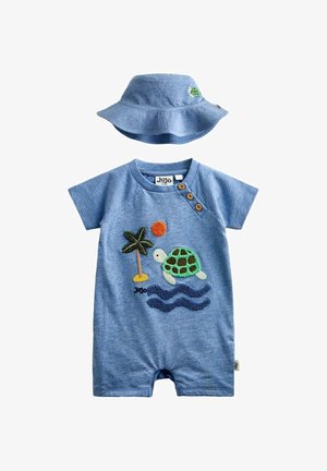 Blå babydragt med broderi af skildpadde, palme, sol og bølger, matchende blå bøllehat med skildpadde-patch.