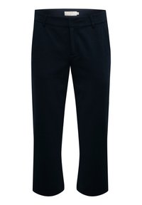 Navy modré zkrácené kalhoty z hladké tkaniny, s plochým pasem, bočními kapsami a oblečeným střihem s čistým designem.