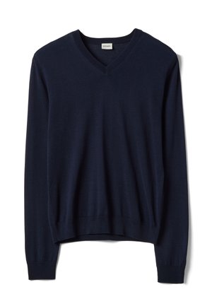 Marineblauer Pullover aus Wollmischung mit V-Ausschnitt, langen Ärmeln, geripptem Kragen und Bündchen sowie lockerer Passform. Weiche Textur ohne Muster.