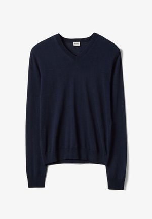 Marineblauer Pullover aus Wollmischung mit V-Ausschnitt, langen Ärmeln, geripptem Kragen und Bündchen sowie lockerer Passform. Weiche Textur ohne Muster.