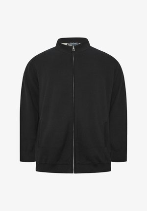 Zwarte jas met ritssluiting over de volle lengte, opstaande kraag, lange mouwen en twee zijzakken, met het label "BADRHINO" aan de binnenkant van de kraag.