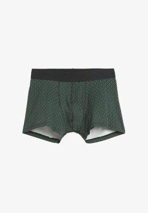 Men's boxer briefs in dark green fabric featuring a geometric pattern in lighter green. Elastic waistband in black, soft texture, mid-thigh length.