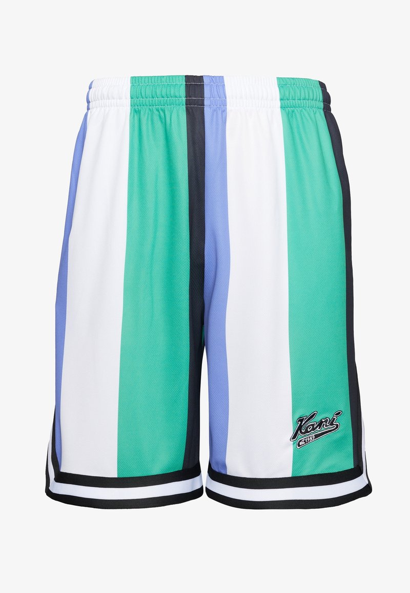 Pantaloni corti sportivi da uomo in tessuto a rete, con righe verticali verde, blu, bianco e nero, completa di bordi e logo in bianco e nero.