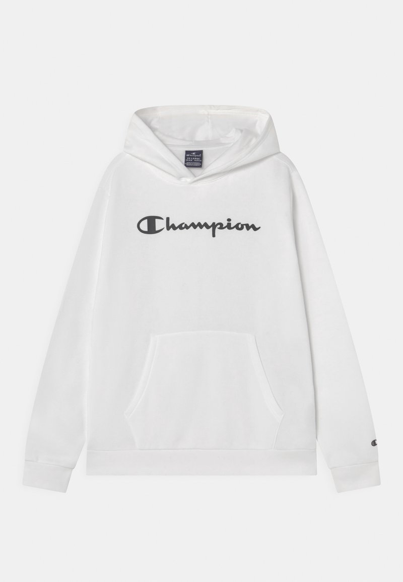 Sweat à capuche blanc avec poche kangourou à l'avant, logo noir "Champion" sur la poitrine et petit logo sur le poignet de la manche gauche.