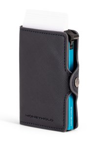 Black textured MoneyHold card wallet with a button clasp, partially open showing white cards inside and blue metal accent on the side.