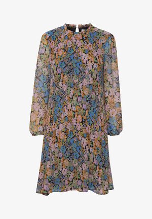 Gėlėta suknelė, pagaminta iš permatomo audinio, su daugiaspalviu raštu mėlynos, rožinės, oranžinės ir žalios spalvų. Ji turi apvalų iškirpimą ir ilgus rankovės.