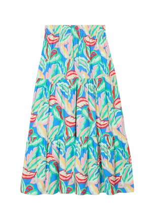 Jupe multicolore mi-longue présentant un motif floral avec des feuilles rouges et vertes sur fond bleu ; taille élastique, design à volants.