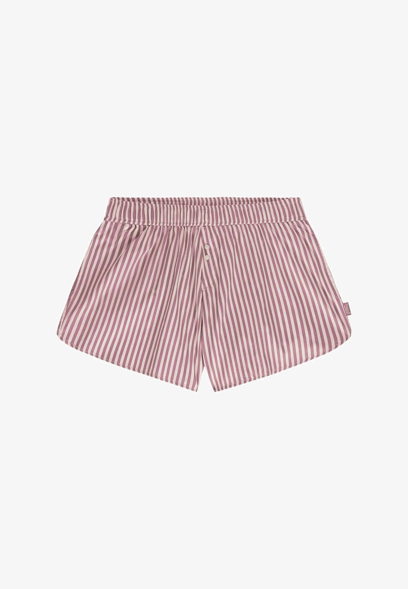 Ružové a biele vertikálne prúžkované šortky vyrobené z ľahkého materiálu, s elastickým pásom a tromi gombíkmi vpredu.