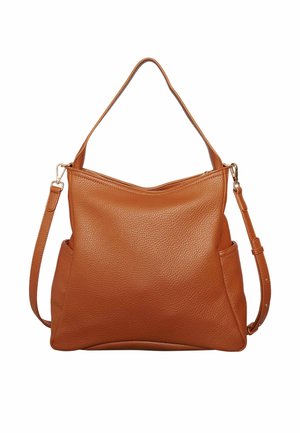 Bruine leren handtas met een gestructureerd oppervlak, een brede opening en een lange verstelbare schouderband. Voorzien van zijvakjes en goudkleurige hardware.