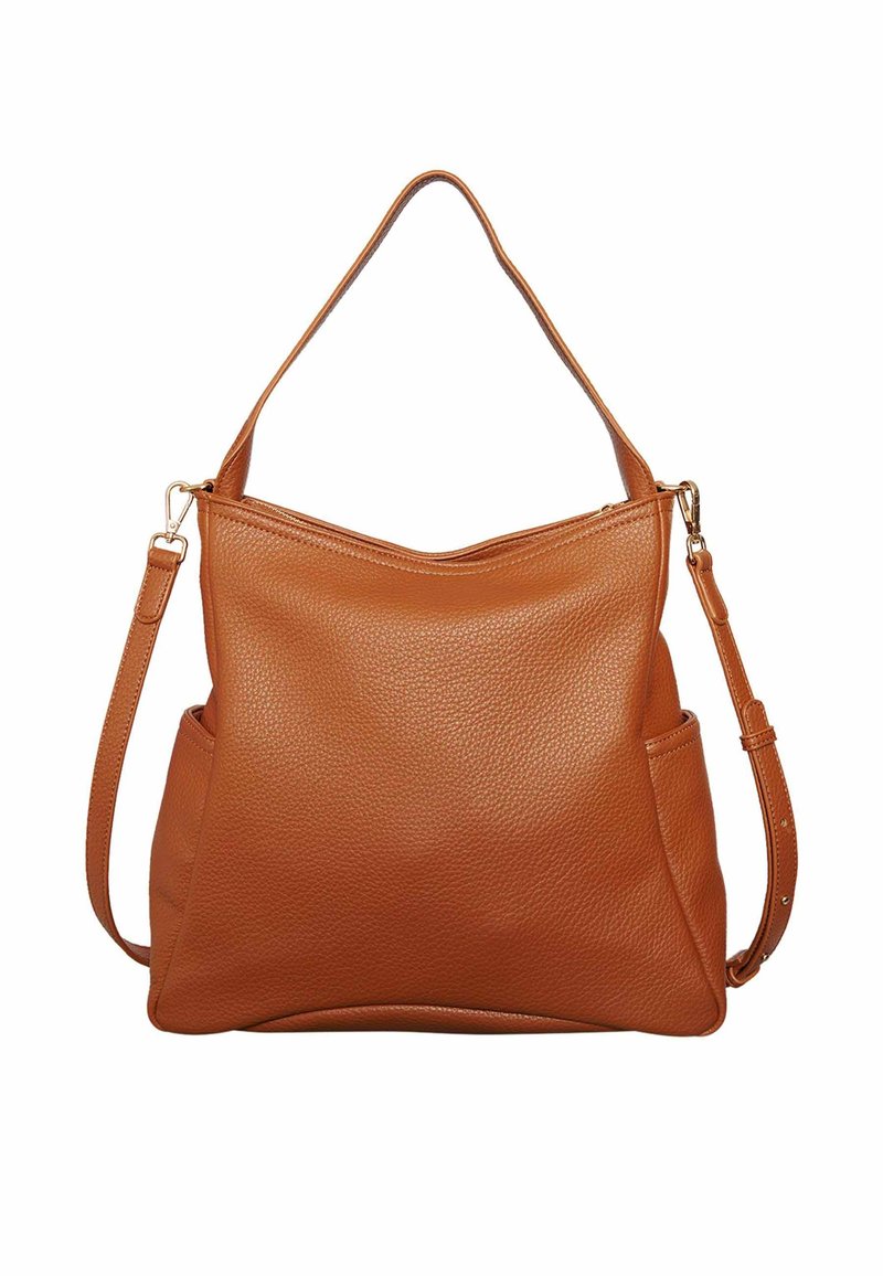 Brūna ādas rokassoma ar teksturētu virsmu, plašu atveri un garu regulējamu siksnu. Iespējas sānu kabatas un zelta krāsas aksesuāri.