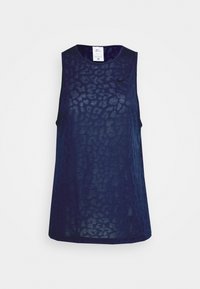 Marinblå ärmlös idrottstopp med ett subtilt leopardmönster, rund halsringning och svart Nike-logotyp på bröstet. Lätt material.