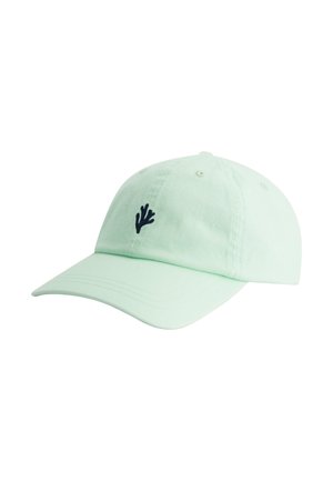 Lichtgroene baseballpet met gebogen klep en klein zwart geborduurd koraalachtig symbool op het voorpaneel.