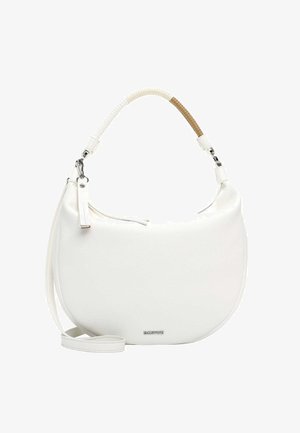 Witte handtas in halvemaanvorm met een korte, gebogen handgreep voorzien van een beige wikkeldetail en een verstelbare lange band.