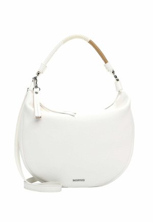 White crescent-shaped handbag with a short curved handle featuring a beige wrap detail and an adjustable long strap.