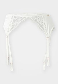 Λευκή σατέν ζώνη με δαντελένιες λεπτομέρειες, ρυθμιζόμενες τιράντες και αξεσουάρ από ροζ χρυσό. Διαθέτει περίπλοχο δαντελένιο φινίρισμα και λείο τελείωμα.