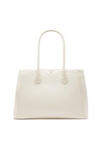 Sac fourre-tout en cuir blanc avec deux longues poignées, une forme rectangulaire structurée et une texture grainée subtile. Comprend un détail pointu en haut.