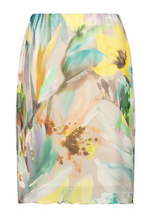 Jupe longueur genou avec imprimé aquarelle floral et papillons en jaune, vert, sarcelle et marron sur fond beige clair.