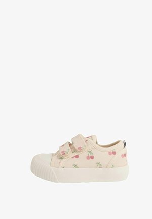 Roze canvas sneakers met kersprint, dubbele klittenbandsluitingen en rubberen zool. Rondneus en getextureerde zool voor grip.