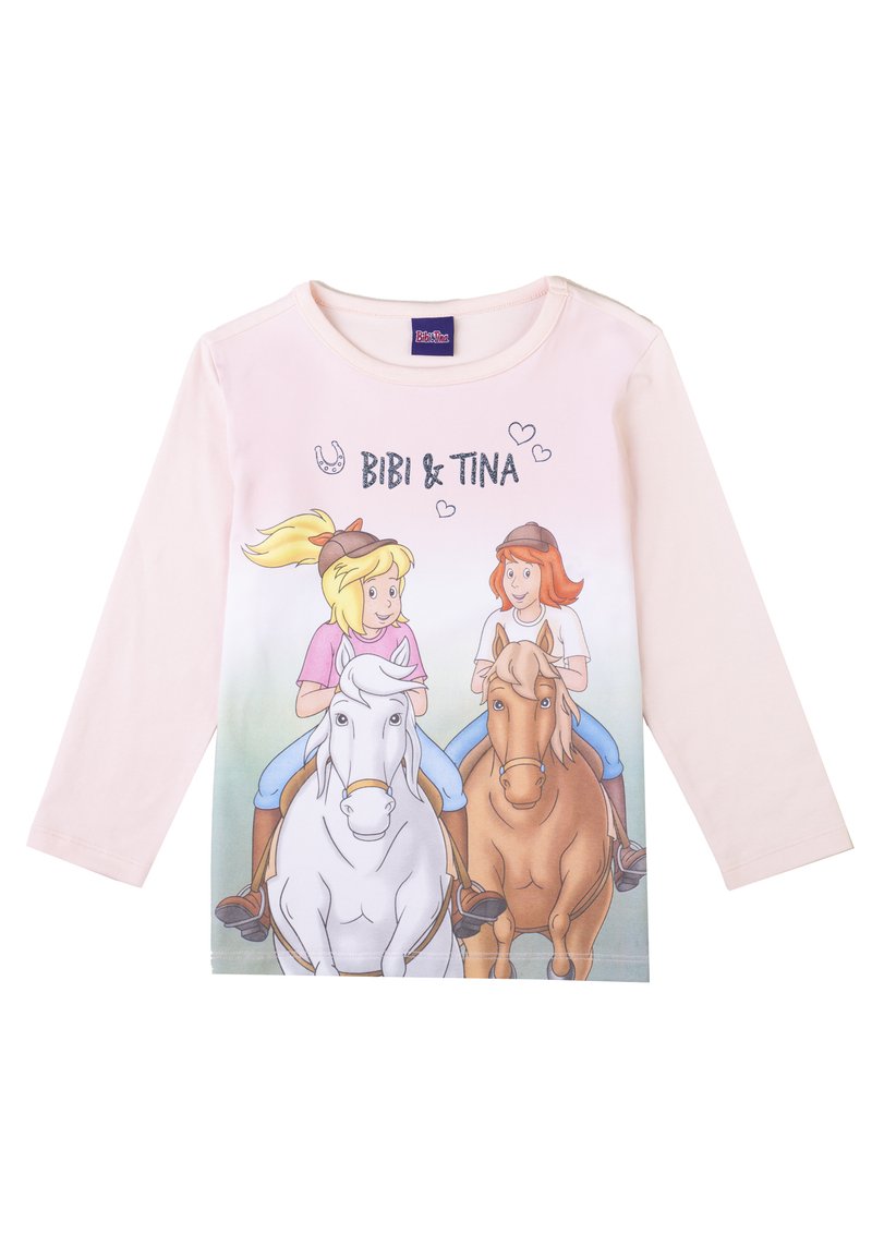 Langärmliges pinkes T-Shirt mit einer Illustration von zwei Mädchen auf Pferden. Der Aufdruck enthält den Text "BIBI & TINA" und Herzen.