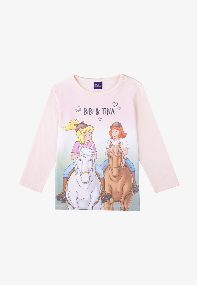 Langärmliges pinkes T-Shirt mit einer Illustration von zwei Mädchen auf Pferden. Der Aufdruck enthält den Text "BIBI & TINA" und Herzen.