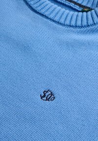 Pull en maille bleu clair avec col côtelé et petit logo brodé foncé centré sur la poitrine.