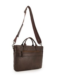 Sac messager en cuir marron avec deux poignées supérieures et une bandoulière amovible. Comprend une poche zippée à l'avant avec des accents en métal.