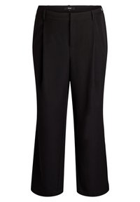 Črne hlače s ravnim krojem, ki imajo ravno sprednjo stran, zanka za pas in gladko teksturo. Čist, minimalističen videz.