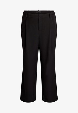 Crne hlače ravnog kroja, s ravnim prednjim dijelom, petljama za remen i glatkom teksturom. Čist, minimalistički izgled.