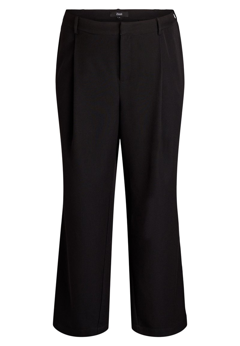Črne hlače s ravnim krojem, ki imajo ravno sprednjo stran, zanka za pas in gladko teksturo. Čist, minimalističen videz.